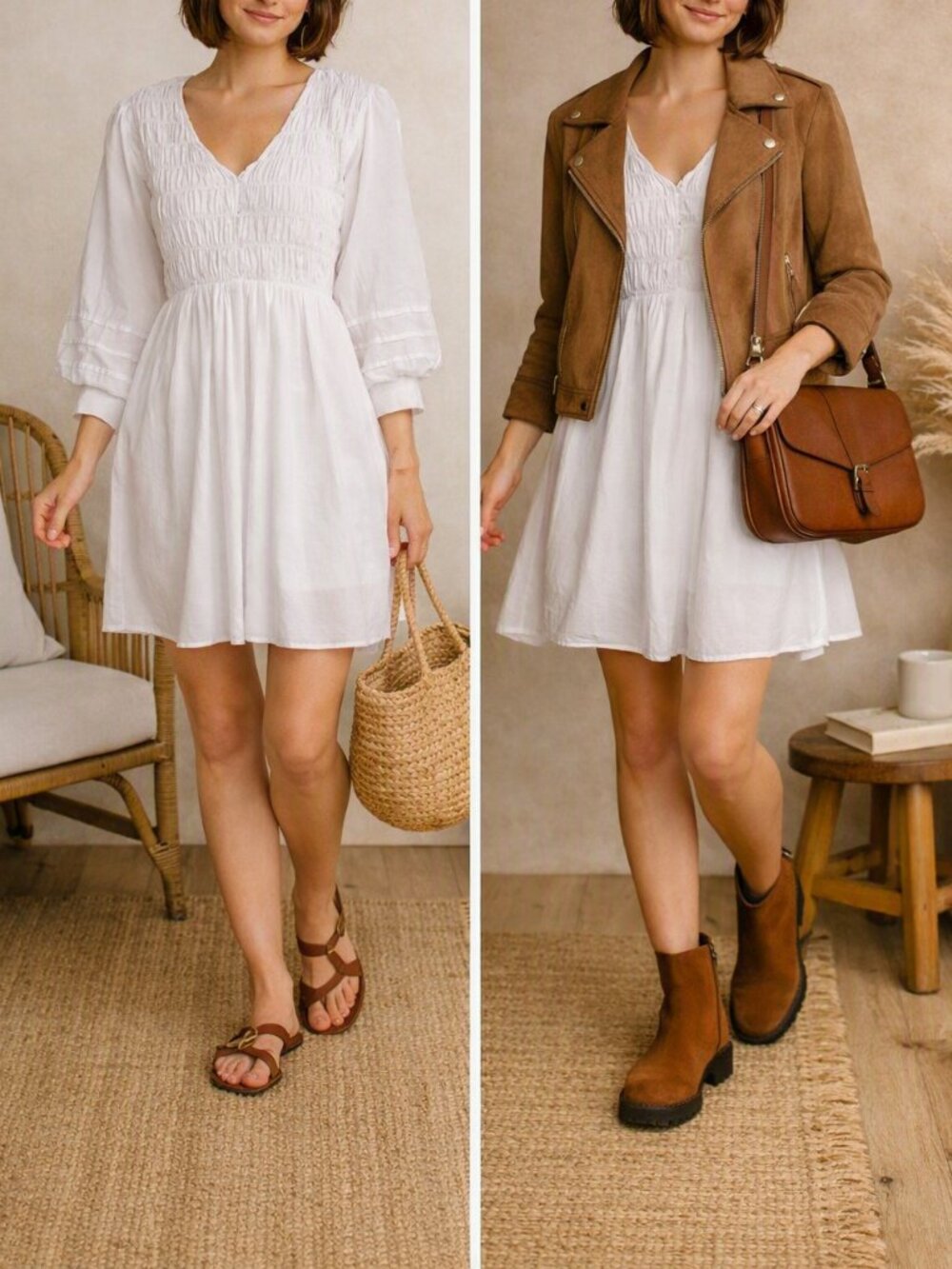 Michael Stars Zuri White Smocked Cotton Puff Sleeve Mini Dress - Size S
